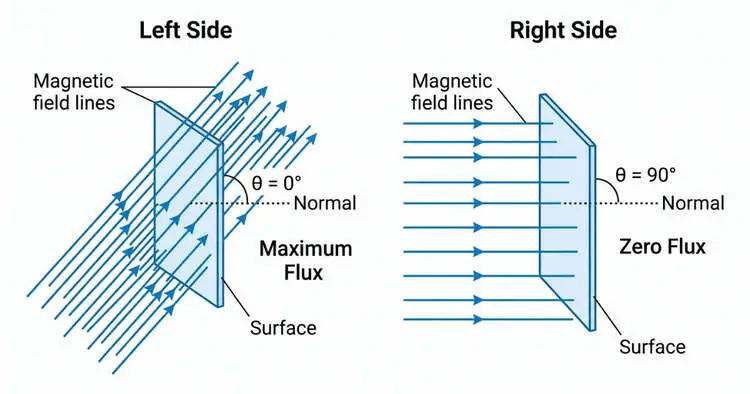 Magnetic flux diagram showing maximum and zero flux at different angles through a surface