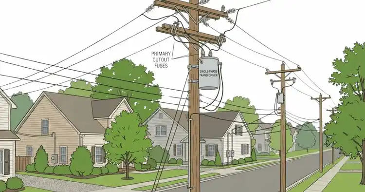electric power distribution lines in residential area