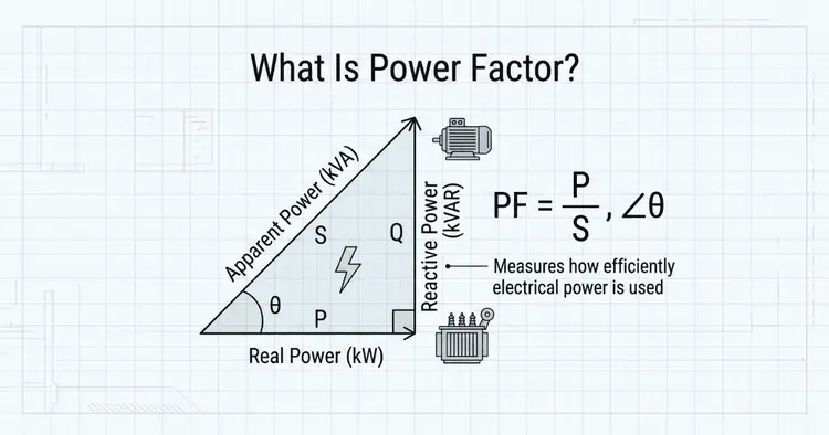 Illustration explaining what is power factor with unity, lagging, and leading power factor using waveforms and a power triangle