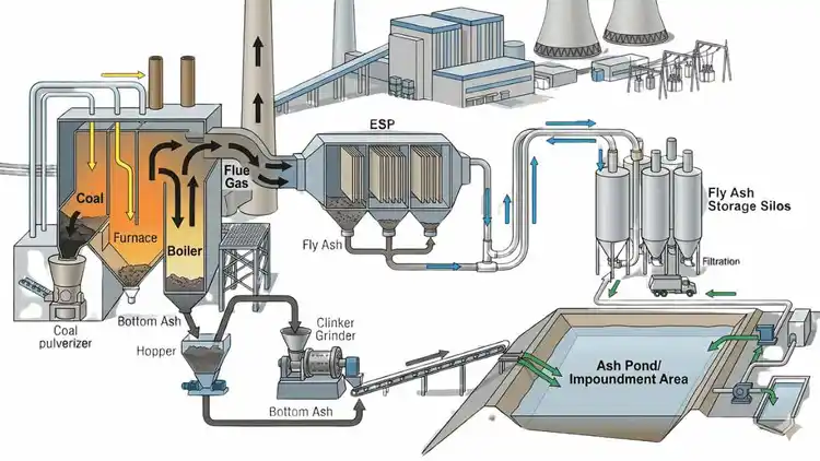 Ash handling system in thermal power plant showing fly ash and bottom ash flow