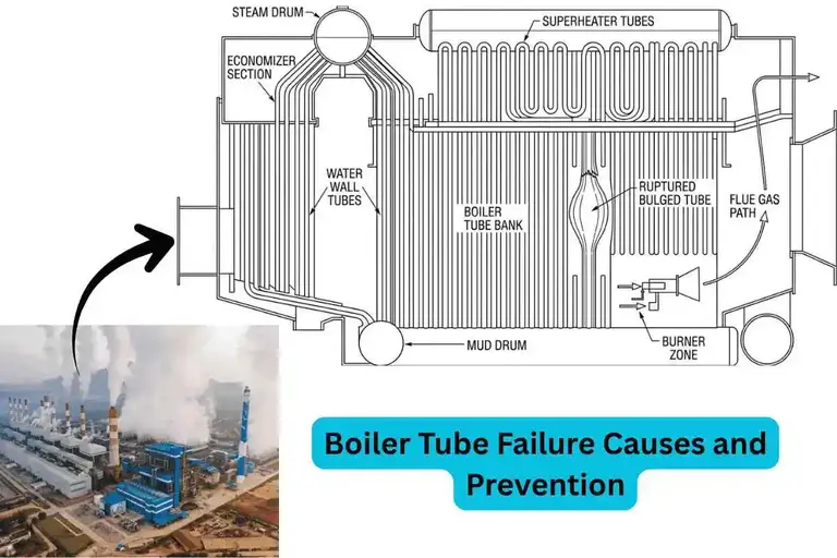 ruptured boiler tube showing thining and bulging from overheating and corrosion