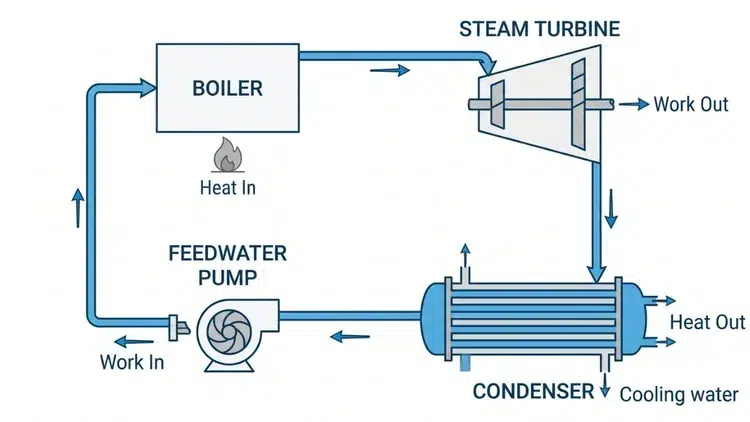 Simple steam power plant cycle diagram showing the condenser position after the turbine