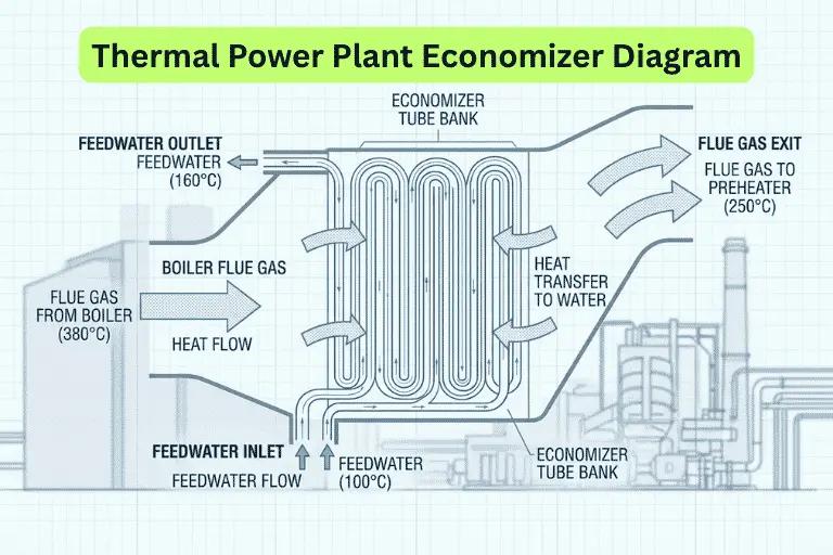 Economizer in a thermal power plant showing flue gas heat recovery and feed water preheating