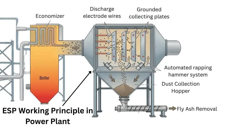 showing Electrostatic precipitator unit means ESP Working Principle in power plant 