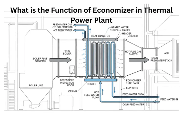 Function of economizer in thermal power plant recovering waste heat from flue gases