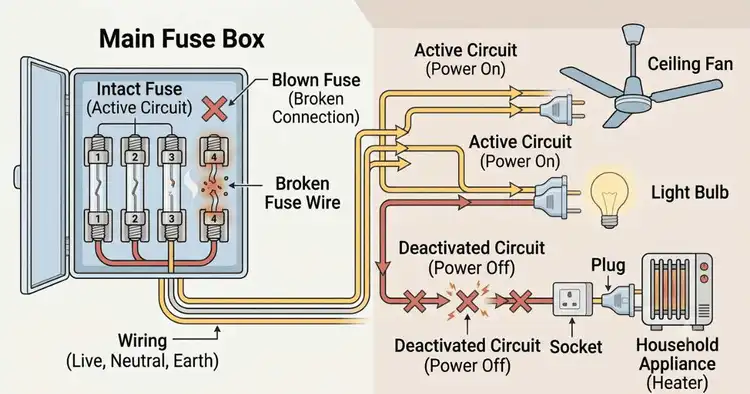 House fuse box wiring diagram showing a blown fuse affecting a fan, light, and appliance circuit