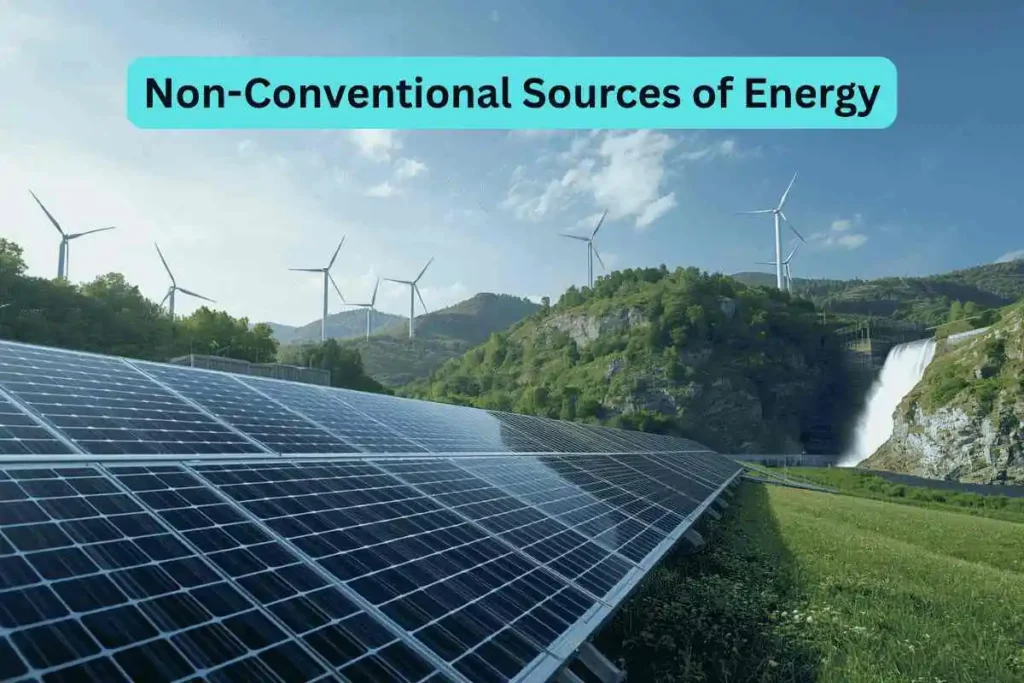 image of non-conventional sources of energy with solar, wind, and hydro power