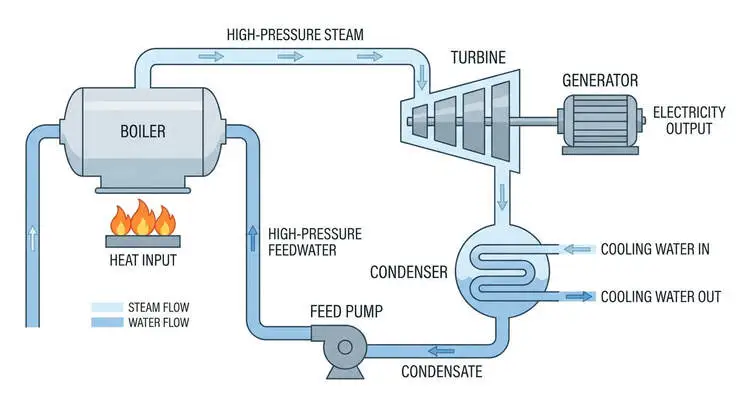 Steam power plant process flow diagram showing the closed loop from boiler to turbine to condenser