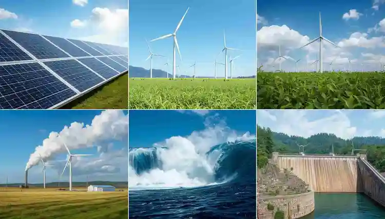 Collage of types of non-conventional sources of energy including solar, wind, bioenergy, geothermal, tidal, and hydropower