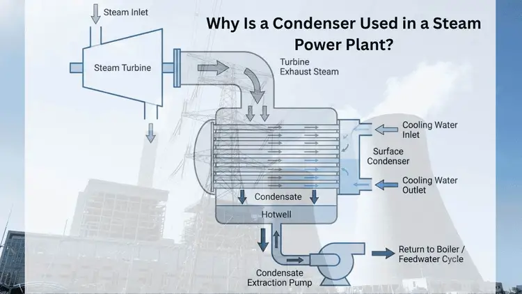 Diagram showing why is a condenser is used in a steam power plant and how it condenses turbine exhaust steam into water