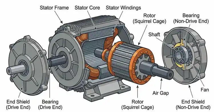 Labeled cutaway diagram showing the construction of three phase induction motor with stator, rotor, shaft, bearings, and end shields