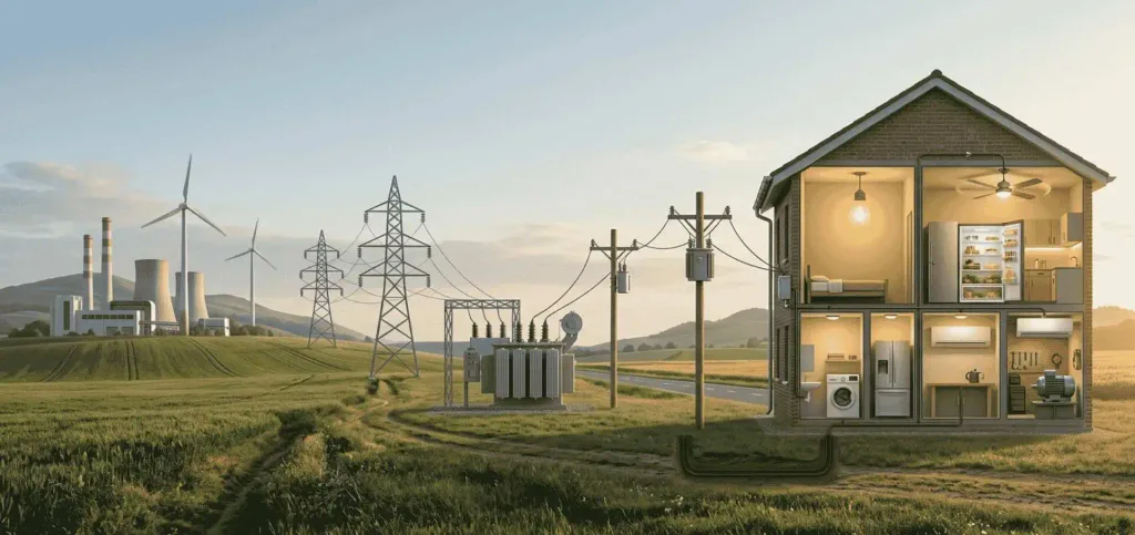 Electrical curiosity learn electrical engineering illustration showing the journey of electricity from power generation and transmission to home wiring and household appliances