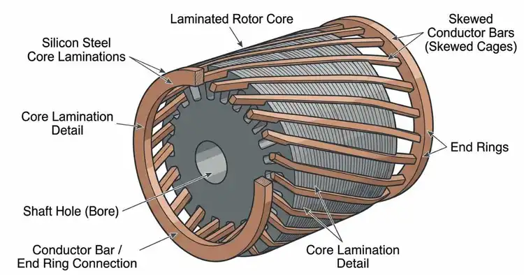 Squirrel cage rotor with skewed bars and end rings in a three phase induction motor