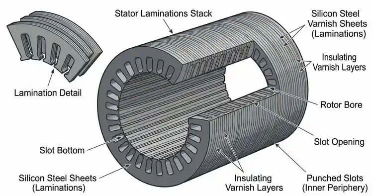 Silicon steel stator core laminations used in the construction of three phase induction motor