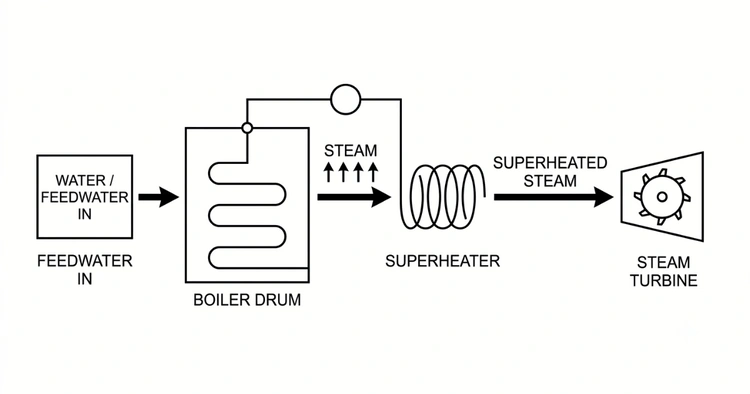 Diagram of a superheater in thermal power plant located between the boiler drum and steam turbine