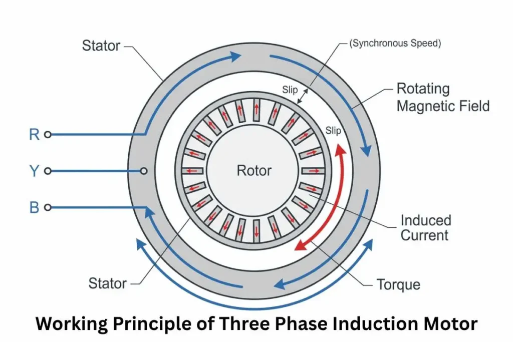 three phase induction motor showing rotating magnetic field, induced rotor current, and torque