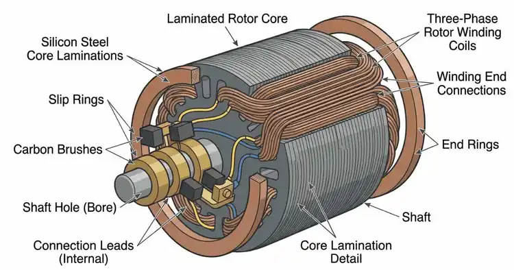 Wound rotor with slip rings and carbon brushes in three phase induction motor construction